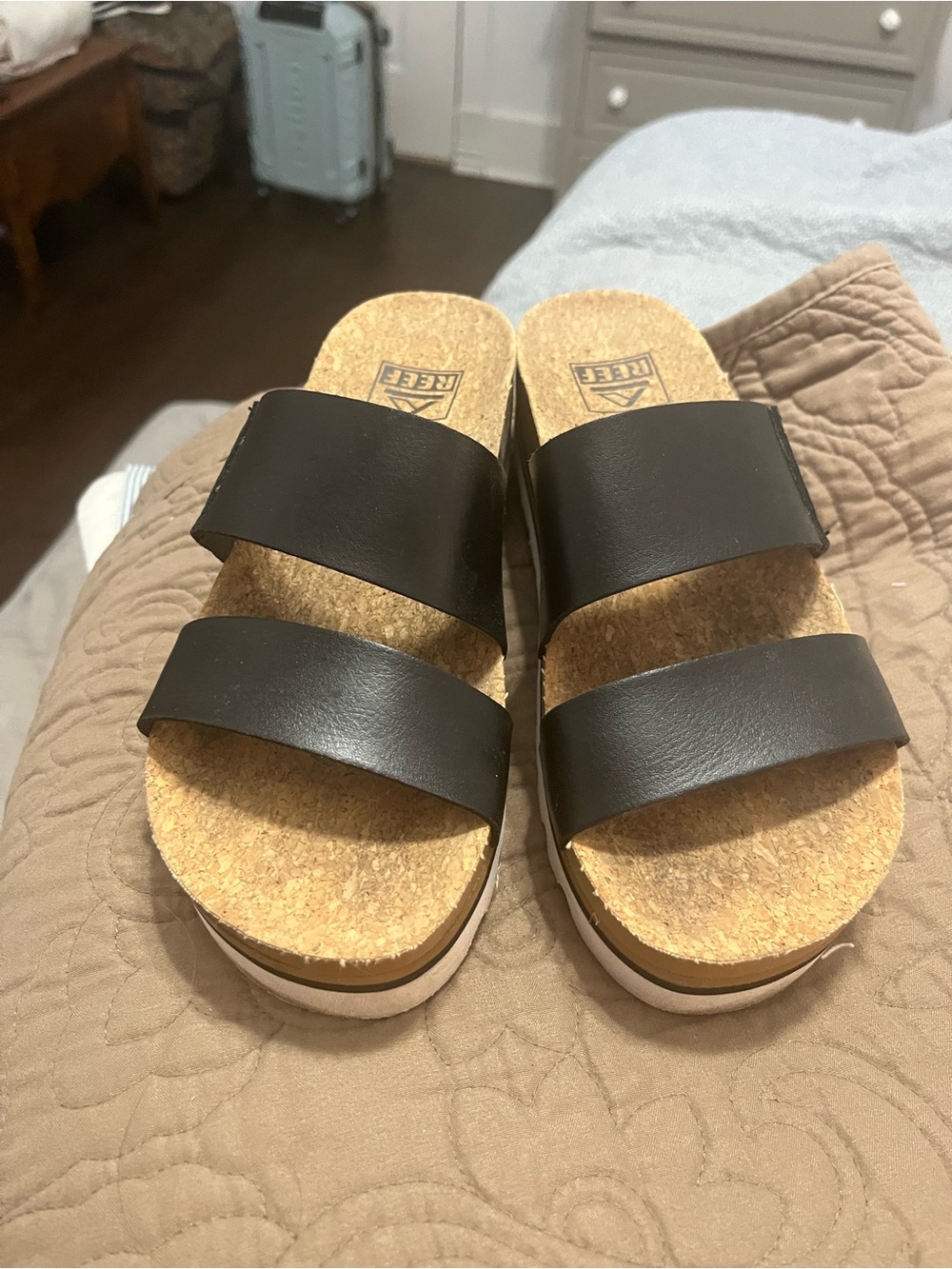 Women’s Reef Double Strap Cork Slide Sandals - Black